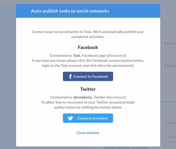 Task auto-publishing to Facebook and Twitter