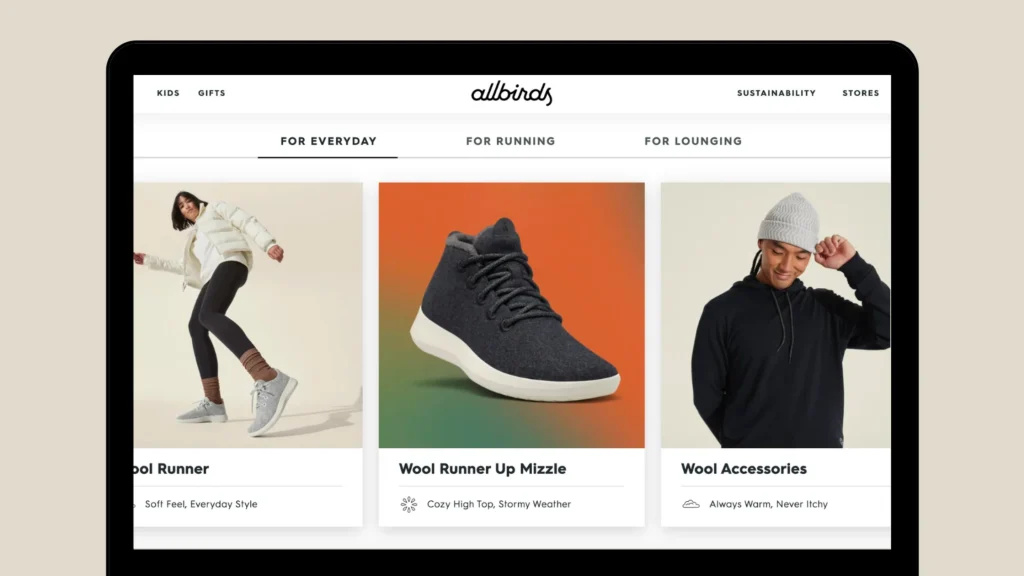 Allbirds' storefront heroes the product and tells an honest story. (Image credit: Xgentech.)